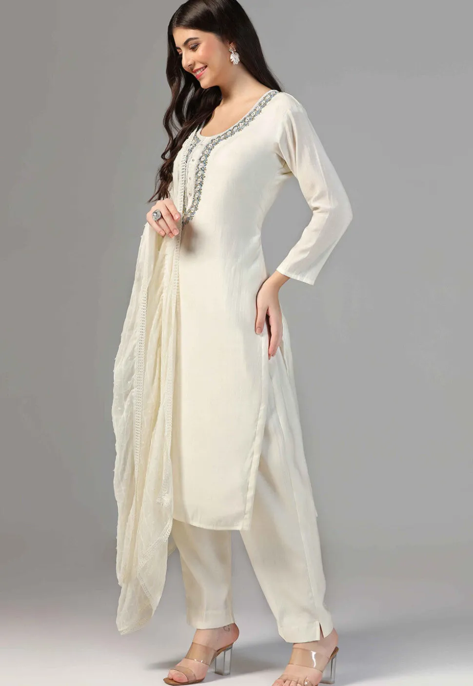 Hand Embroidered Chanderi Cotton Pakistani Suit in Cream