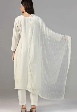Hand Embroidered Chanderi Cotton Pakistani Suit in Cream