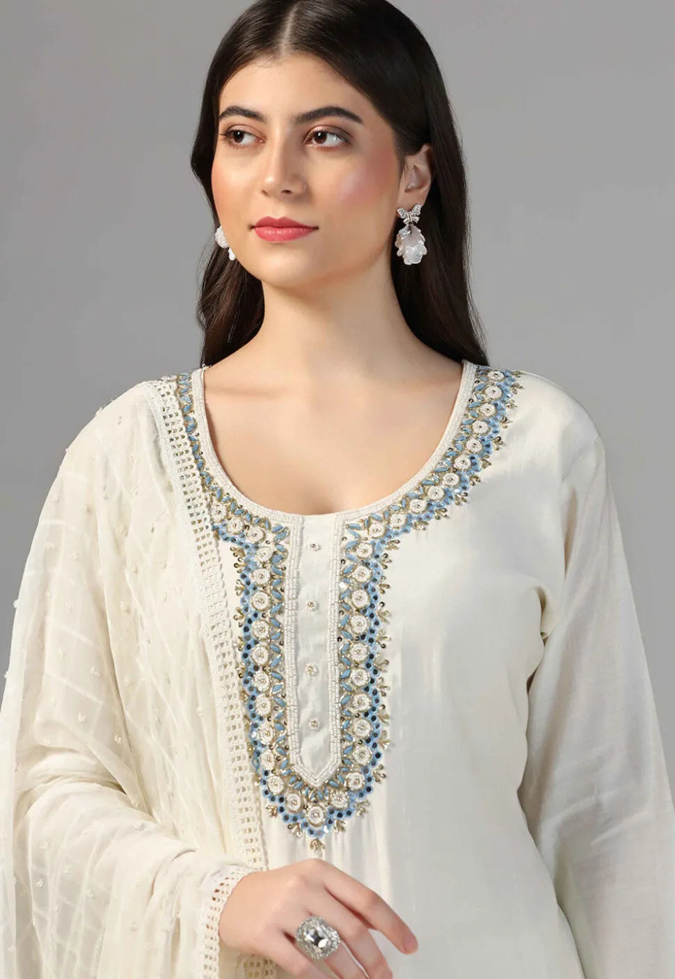 Hand Embroidered Chanderi Cotton Pakistani Suit in Cream