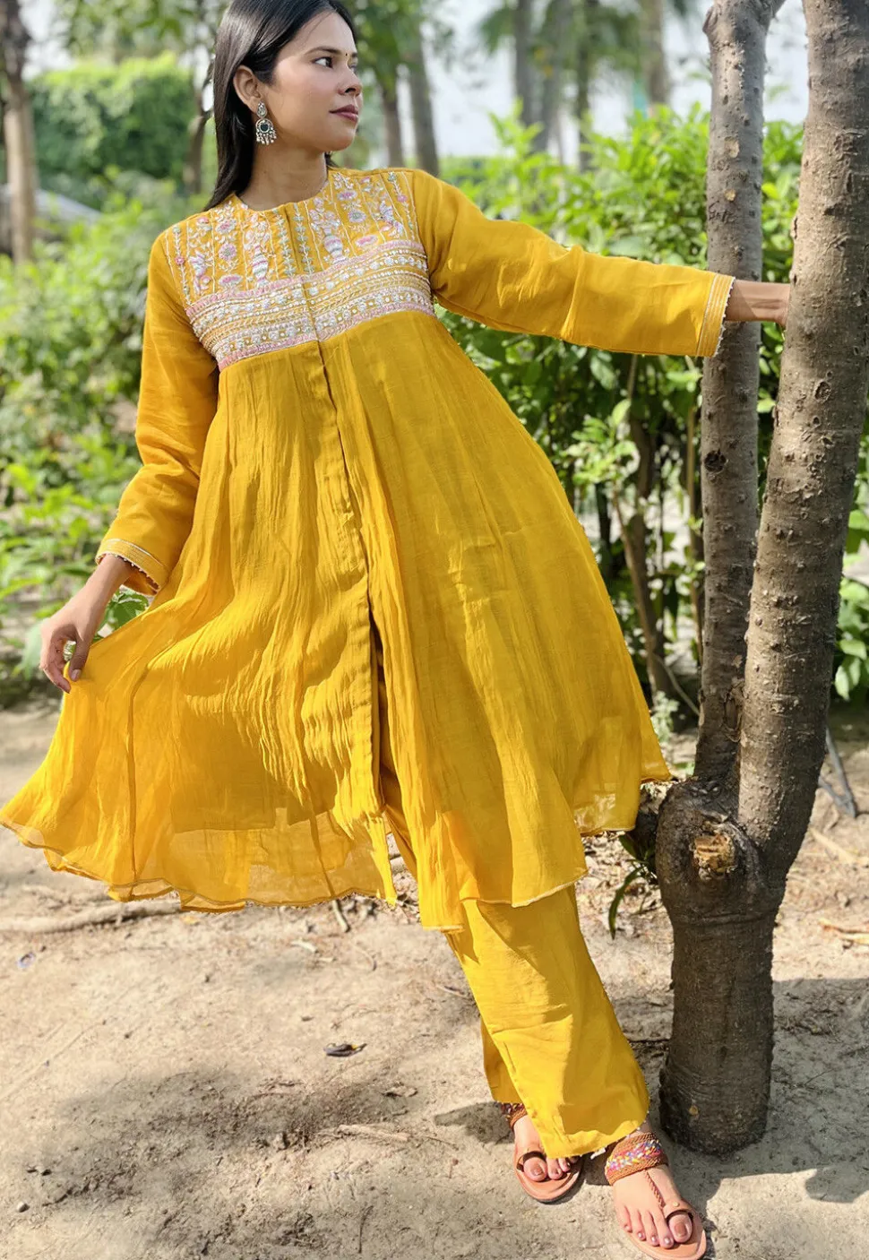 Hand Embroidered Chanderi Silk Pakistani Suit in Mustard