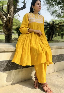 Hand Embroidered Chanderi Silk Pakistani Suit in Mustard
