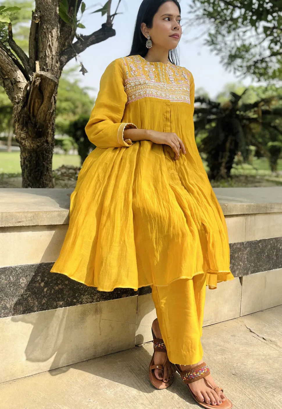 Hand Embroidered Chanderi Silk Pakistani Suit in Mustard