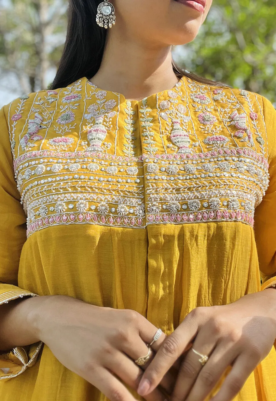 Hand Embroidered Chanderi Silk Pakistani Suit in Mustard