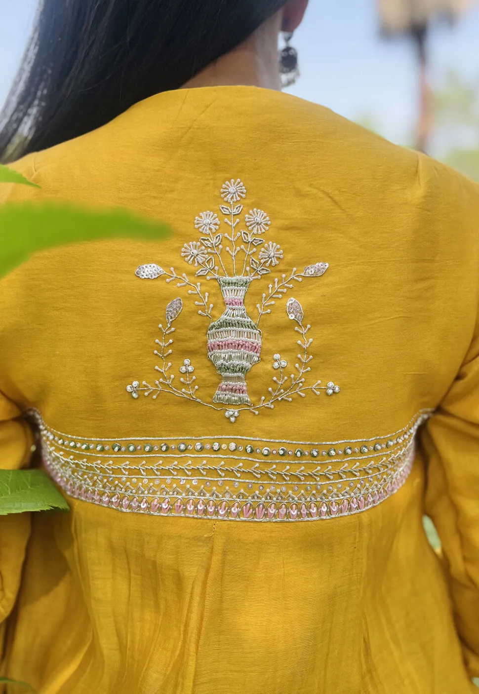 Hand Embroidered Chanderi Silk Pakistani Suit in Mustard