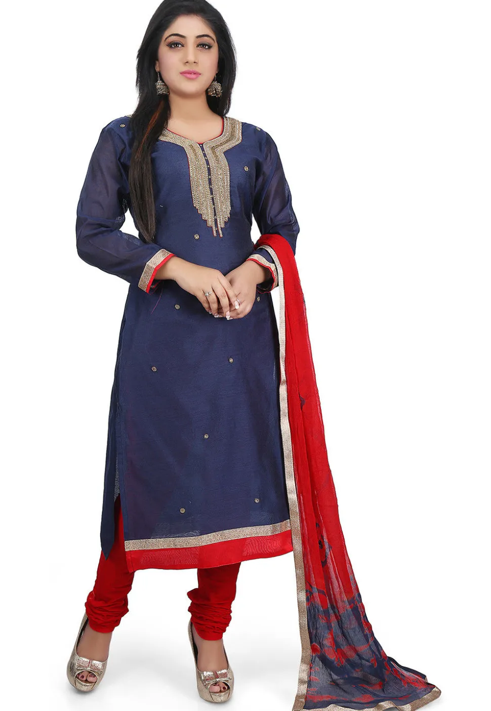 Hand Embroidered Chanderi Cotton Straight Suit in Dark Blue