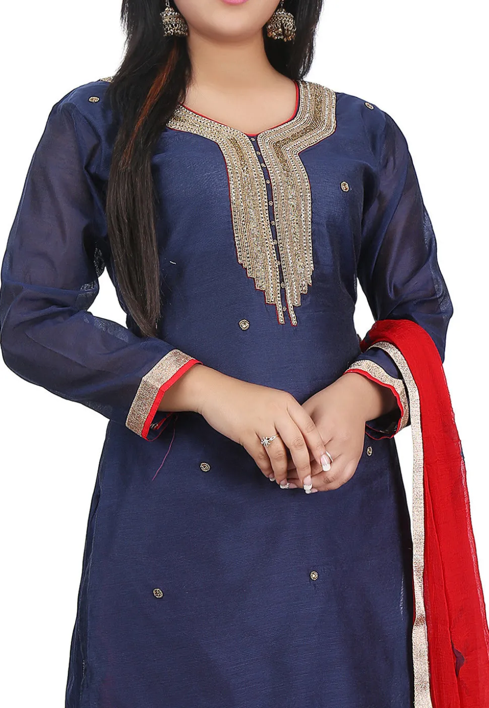 Hand Embroidered Chanderi Cotton Straight Suit in Dark Blue