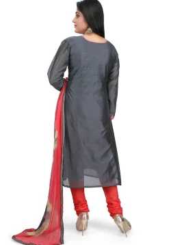 Hand Embroidered Chanderi Cotton Straight Suit in Dark Grey
