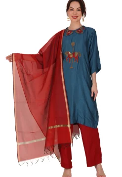 Hand Embroidered Chanderi Silk Pakistani Suit in Teal Blue