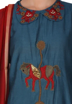 Hand Embroidered Chanderi Silk Pakistani Suit in Teal Blue