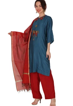 Hand Embroidered Chanderi Silk Pakistani Suit in Teal Blue