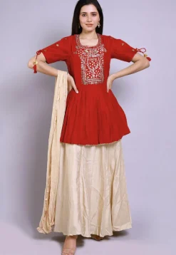 Hand Embroidered Chanderi Silk Lehenga in Red