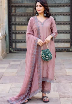Hand Embroidered Chanderi Silk Pakistani Suit in Old Rose
