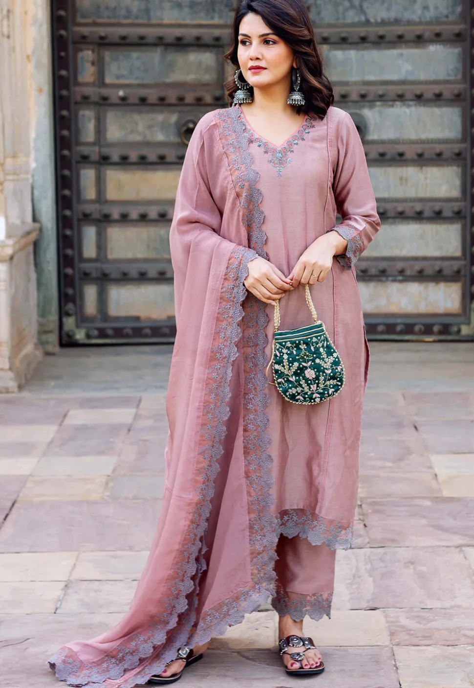 Hand Embroidered Chanderi Silk Pakistani Suit in Old Rose