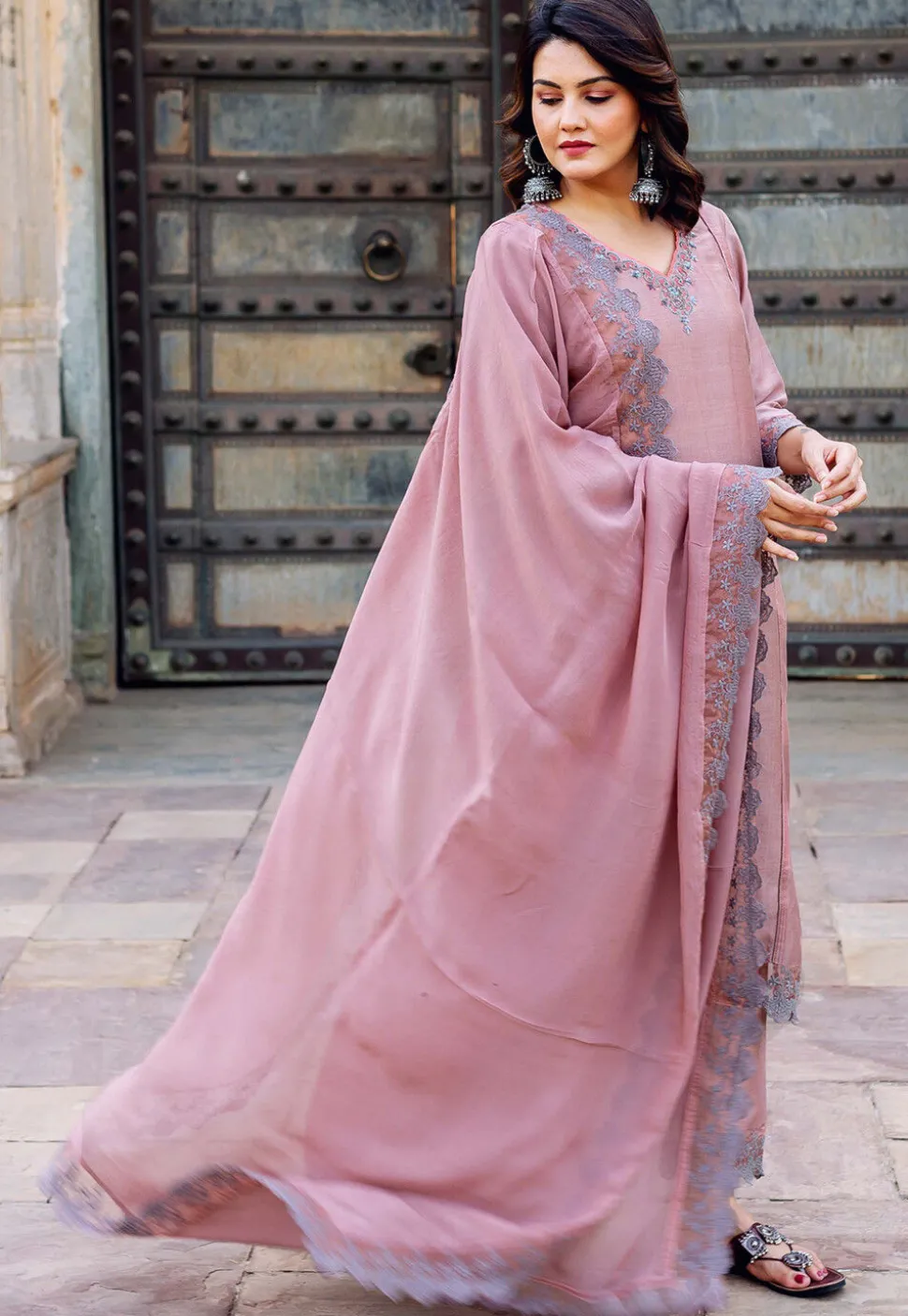 Hand Embroidered Chanderi Silk Pakistani Suit in Old Rose