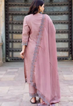 Hand Embroidered Chanderi Silk Pakistani Suit in Old Rose