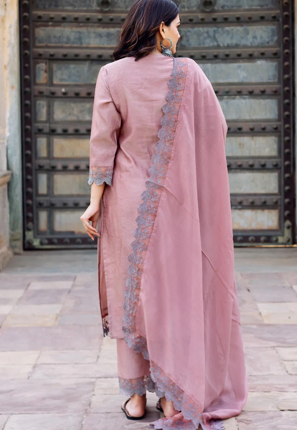 Hand Embroidered Chanderi Silk Pakistani Suit in Old Rose