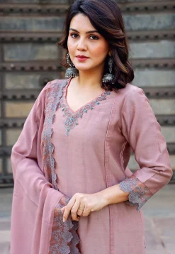 Hand Embroidered Chanderi Silk Pakistani Suit in Old Rose