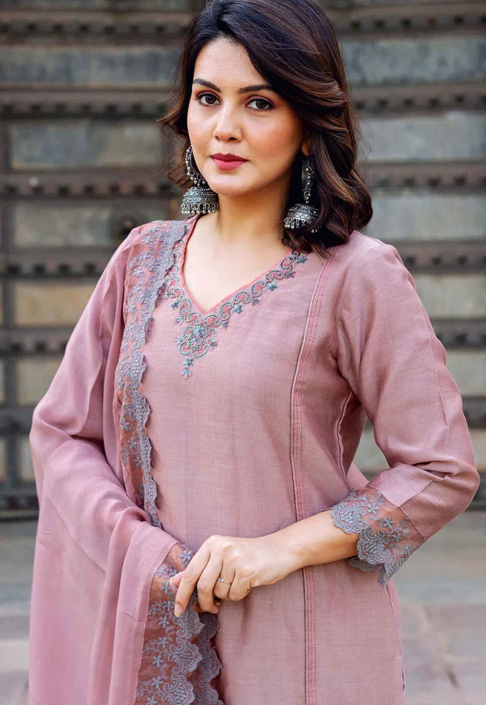 Hand Embroidered Chanderi Silk Pakistani Suit in Old Rose