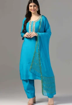 Hand Embroidered Chanderi Cotton Pakistani Suit in Blue