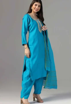 Hand Embroidered Chanderi Cotton Pakistani Suit in Blue