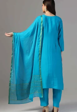 Hand Embroidered Chanderi Cotton Pakistani Suit in Blue