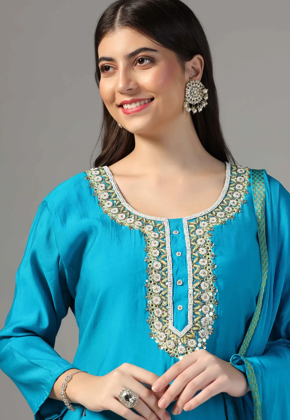 Hand Embroidered Chanderi Cotton Pakistani Suit in Blue