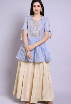 Hand Embroidered Chanderi Peplum Style Kurti Set in Pastel Blue