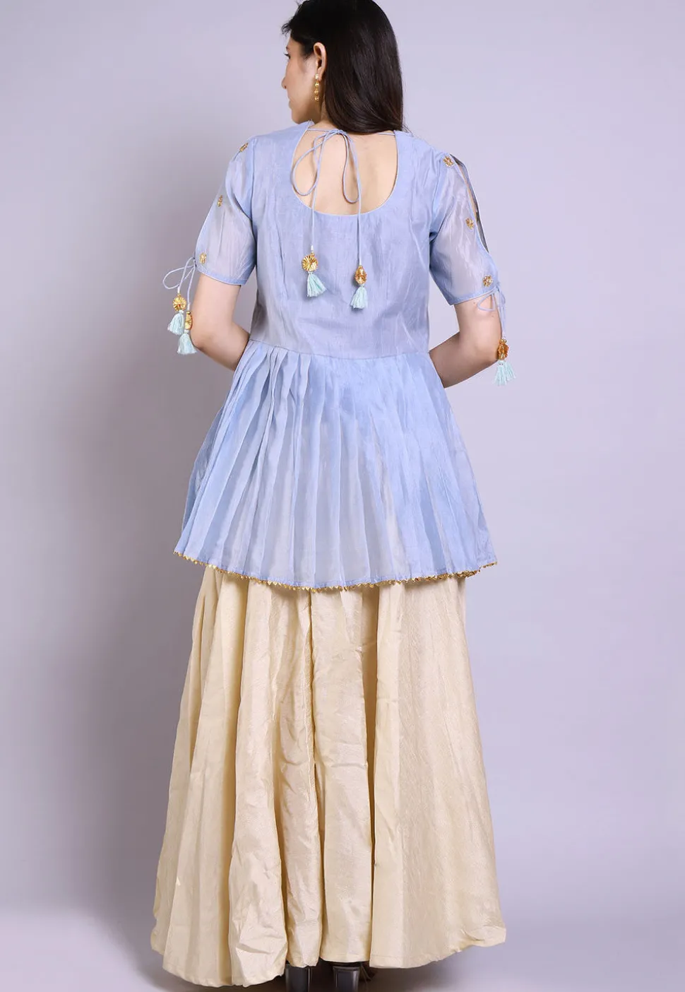 Hand Embroidered Chanderi Peplum Style Kurti Set in Pastel Blue