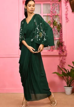 Hand Embroidered Chiffon Maxi Dress with Cape in Dark Green