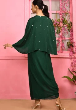 Hand Embroidered Chiffon Maxi Dress with Cape in Dark Green