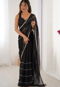 Hand Embroidered Chiffon Saree in Black