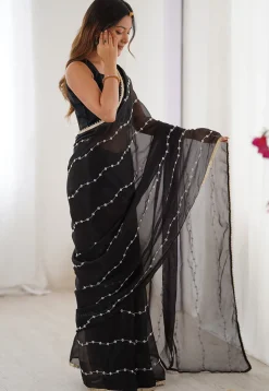 Hand Embroidered Chiffon Saree in Black