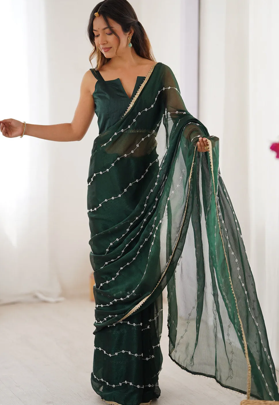 Hand Embroidered Chiffon Saree in Dark Green
