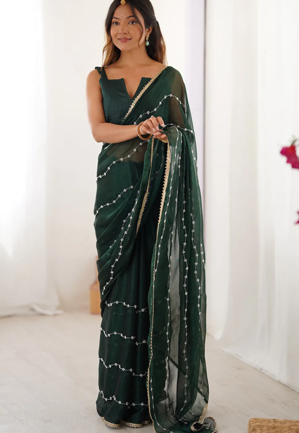Hand Embroidered Chiffon Saree in Dark Green