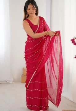 Hand Embroidered Chiffon Saree in Fuchsia
