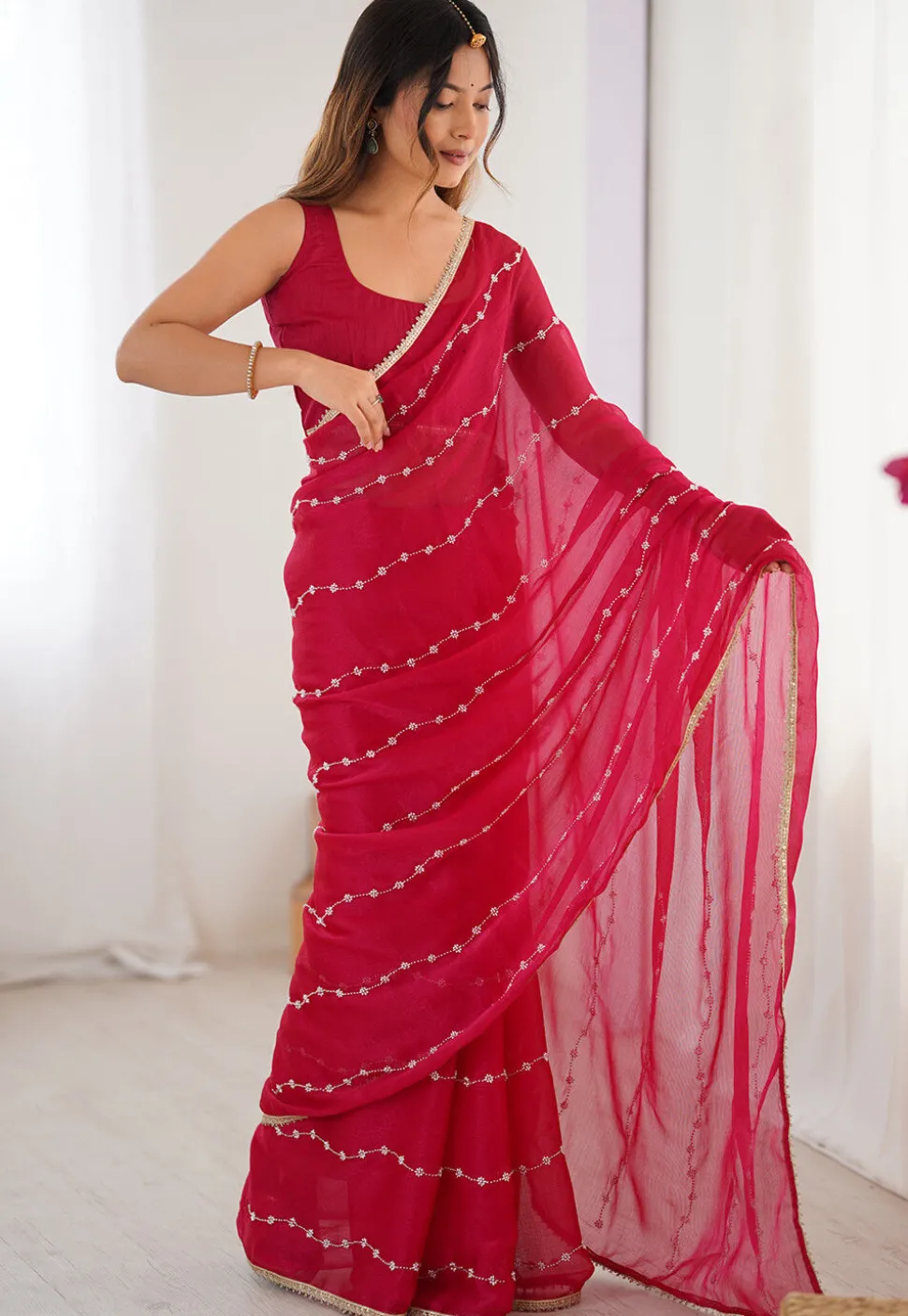 Hand Embroidered Chiffon Saree in Fuchsia