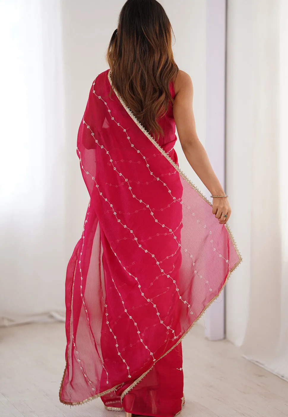 Hand Embroidered Chiffon Saree in Fuchsia