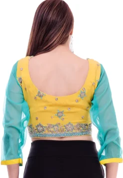 Hand Embroidered Chiffon Blouse in Yellow and Turquoise