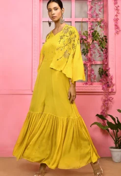 Hand Embroidered Chiffon Jumpsuit with Cape in Yellow