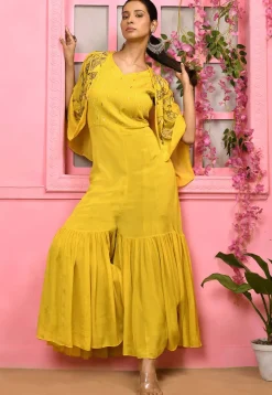 Hand Embroidered Chiffon Jumpsuit with Cape in Yellow