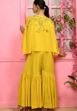 Hand Embroidered Chiffon Jumpsuit with Cape in Yellow