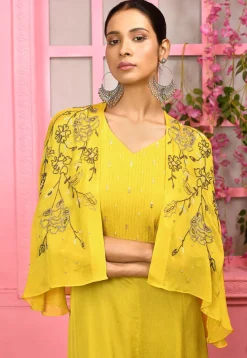 Hand Embroidered Chiffon Jumpsuit with Cape in Yellow