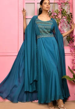 Hand Embroidered Chiffon Gown in Blue