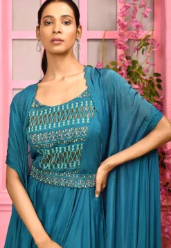 Hand Embroidered Chiffon Gown in Blue