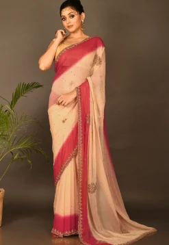 Hand Embroidered Chiffon Saree in Beige