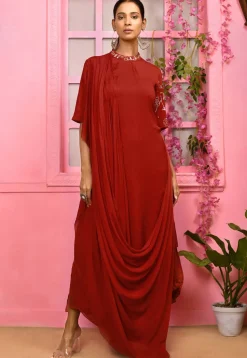Hand Embroidered Chiffon Cowl Style Maxi Dress in Maroon