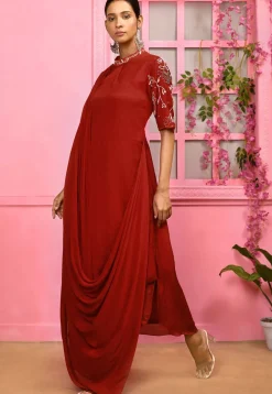 Hand Embroidered Chiffon Cowl Style Maxi Dress in Maroon