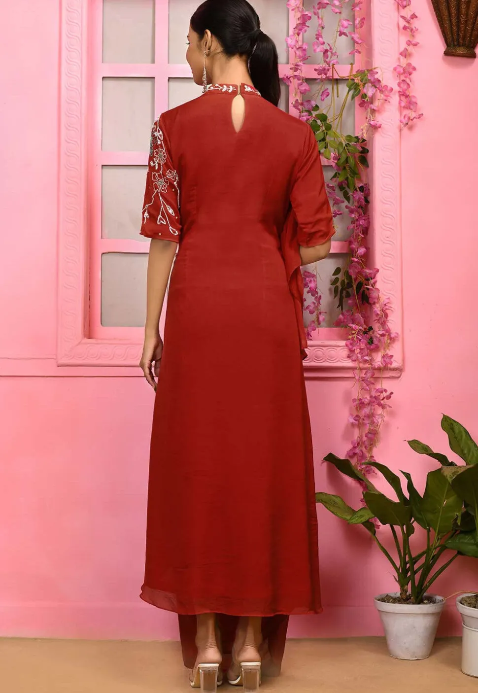Hand Embroidered Chiffon Cowl Style Maxi Dress in Maroon