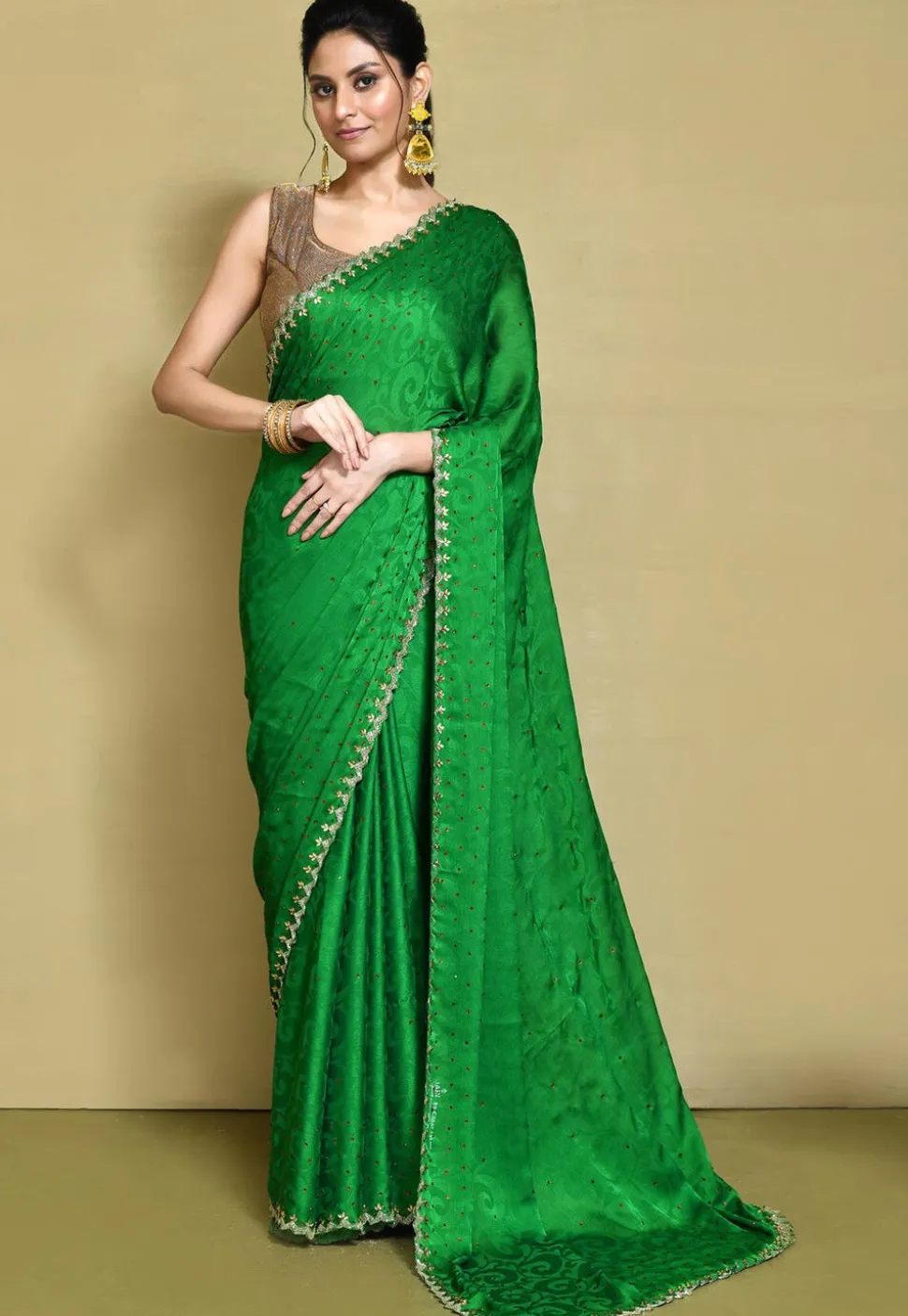 Hand Embroidered Chiffon Brasso Saree in Green