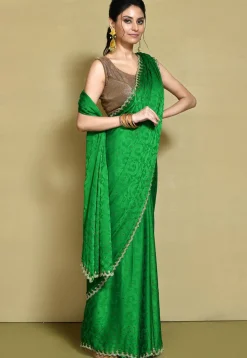 Hand Embroidered Chiffon Brasso Saree in Green